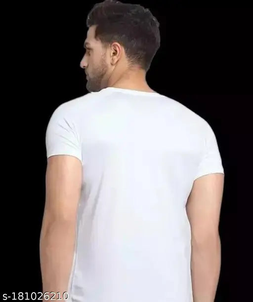 White polyester REYBAQ Men's round neck half sleeve T-shirt featuring alphabet AZ typography print, ideal for casual wear and personal expression