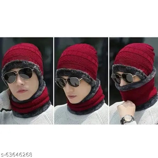 Woolen red skull cap with neck muffler, solid pattern, anti-allergic, soft material, perfect for autumn-winter season