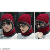Woolen red skull cap with neck muffler, solid pattern, anti-allergic, soft material, perfect for autumn-winter season