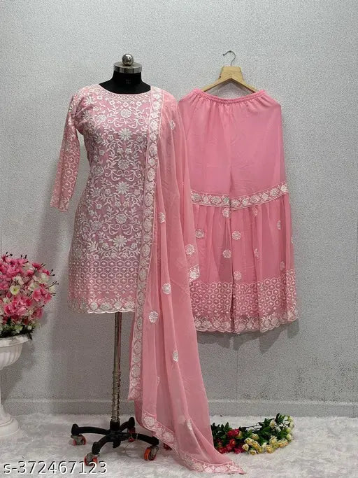 Heavy faux georgette top with sharara suit, embroidered three-quarter sleeve Indian kurta set