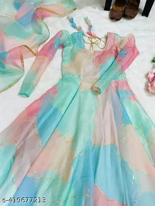Multicolor georgette, three-quarter sleeve colorblocked dress, modern western style for girls, Indian ethnic wear with dupatta