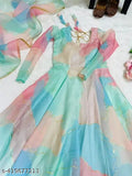 Multicolor georgette, three-quarter sleeve colorblocked dress, modern western style for girls, Indian ethnic wear with dupatta