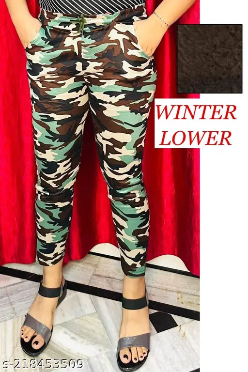 Cotton blend maxi army print imported winter lower, one piece with fur lining (waist 28-32in, length 36in), China origin
