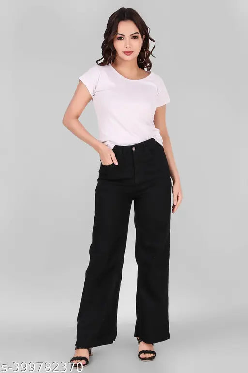 Stretchable premium denim flared black jeans, baggy and mid-waist jogger pants for women xl2xl 3xl 4xl. Indian manufacturer's denim bell bottom jeans, anti-shrink fabric