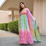 Women's Georgette Sari with Pink Dupatta, long-sleeved Indian formal wear