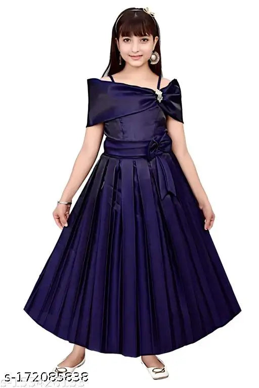 Blue Solid Pleated Western Cinderella Gown for Girls, made from Blackberry & Silk blend. Comfortable, stylish party dress ideal for celebrations. Single size: 3-4yrs (Bust 24in, Length 28in)