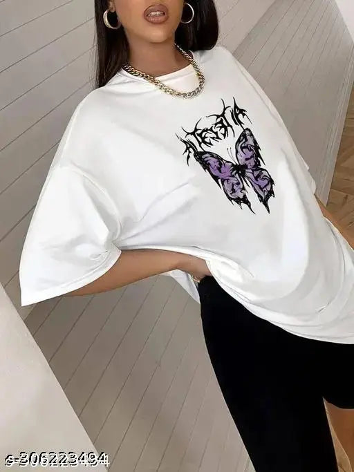 White cotton oversized women's t-shirt with printed design, short sleeves, size XS (36in bust, 25in length)