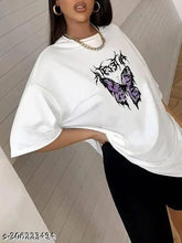 White cotton oversized women's t-shirt with printed design, short sleeves, size XS (36in bust, 25in length)