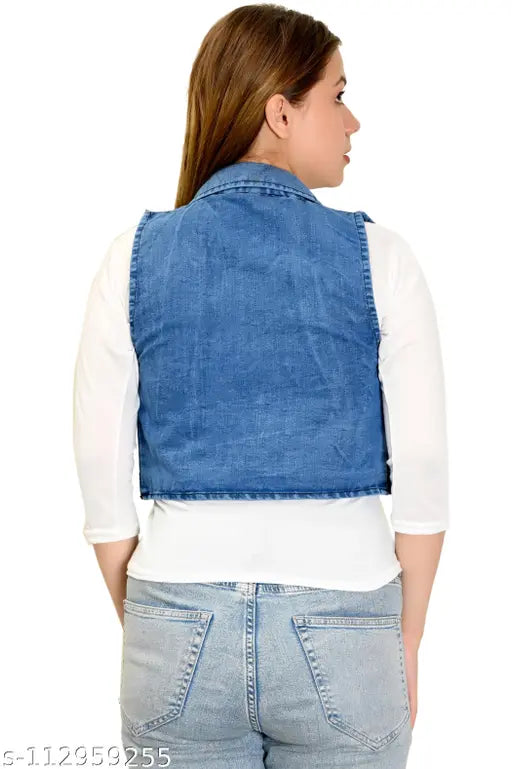 Sleeveless denim jacket, solid pattern by Gunjan Creation. Indian-made women's denim jacket with light blue wash and pockets