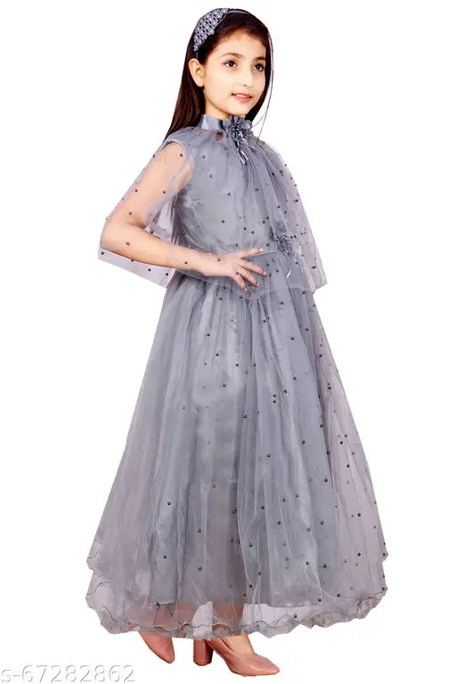 Grey net frock dress for girls, self-designed printed net fabric, size 3-4 years, Made in India