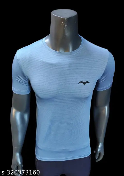 Aqua Blue cotton blend men's stylish Dri-Fit 4-way stretch upper half sleeve T-shirt. High-quality athletic wear for active lifestyle