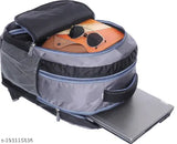 Black canvas waterproof 36L laptop backpack with blue water bottle, trendy for school & college. Durable design with padded adjustable straps and mesh bottle holder