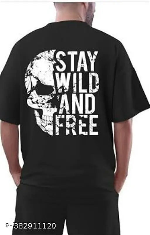Black oversized cotton t-shirt for men with smile print, three-quarter sleeves