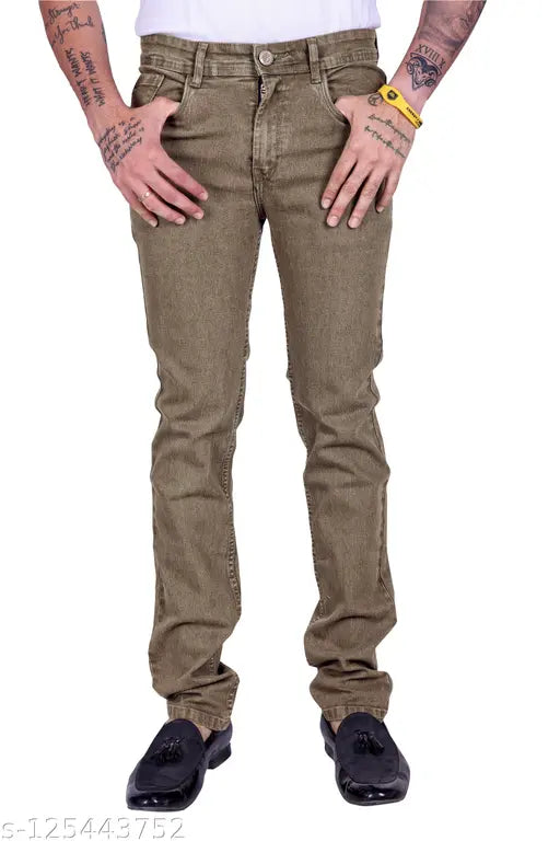 Men's beige stretchable denim jeans, regular fit by RIG BONE. Solid, comfortable, and affordable. Size 30 (31waist/42length/36hip), Made in India