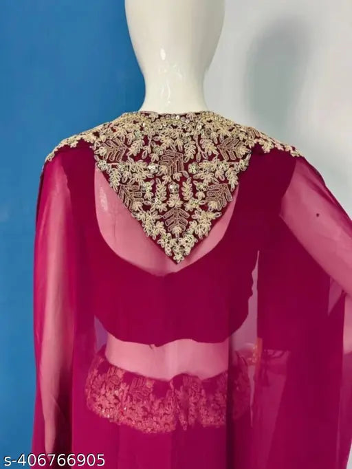 purple Georgette gown23, full-stitched long-sleeve Lahenga with ready pleats for contemporary elegance