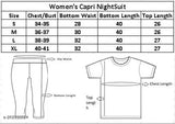 Women's cotton round neck t-shirt & 3/4 th pant set, soft & comfortable cotton fabric, printed design, perfect for home or fitness, made in India (S: 35in bust / 26in length, 28in waist / 40in length; M: 37in bust / 26in length, 30in waist / 40in length; L: 39in bust / 27in length, 32in waist / 40in length; XL: 41in bust / 27in length, 32in waist / 40in length)