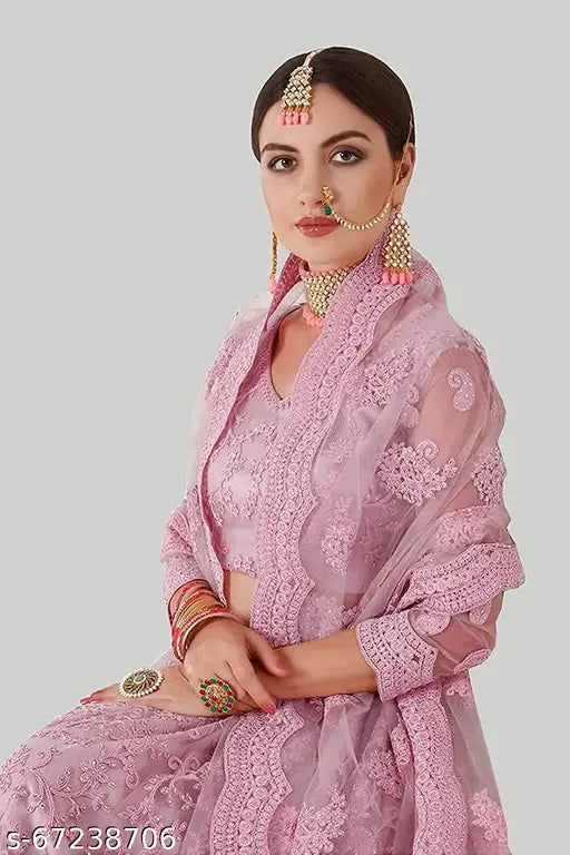 Embroidered flared chaniya choli with zari work, net fabric for women's festive Indian lehenga set. Semi-stitched design, India origin