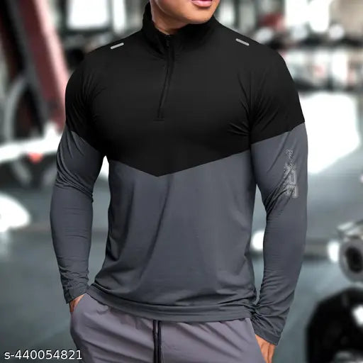 Grey-black colorblocked polyester henley neck tshirt for men on hanger