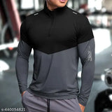 Grey-black colorblocked polyester henley neck tshirt for men on hanger
