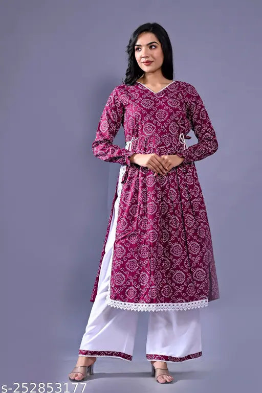 Rayon print Naira cut kurta with Palazzo for couples, long-sleeved bandhani style from India