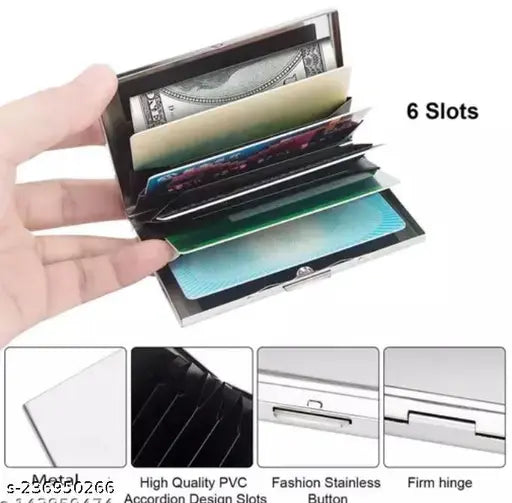 Silver slim stainless steel men's card holder with 6 slots, premium quality accessory for debit/credit/ATM cards