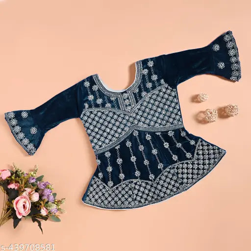 Velvet lehenga-choli set, embroidered, 3/4 sleeves, 2-3 years. Traditional Indian ethnic wear for festive occasions