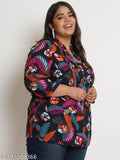 Black and purple leaf print viscose rayon longline top with mandarin collar, three-quarter sleeves for plus size women