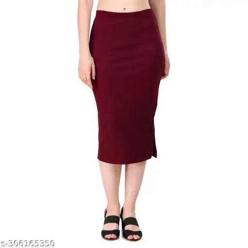 Maroon cotton ribbed pencil skirt with elastic waistband, ideal for parties and casual events