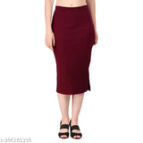Maroon cotton ribbed pencil skirt with elastic waistband, ideal for parties and casual events
