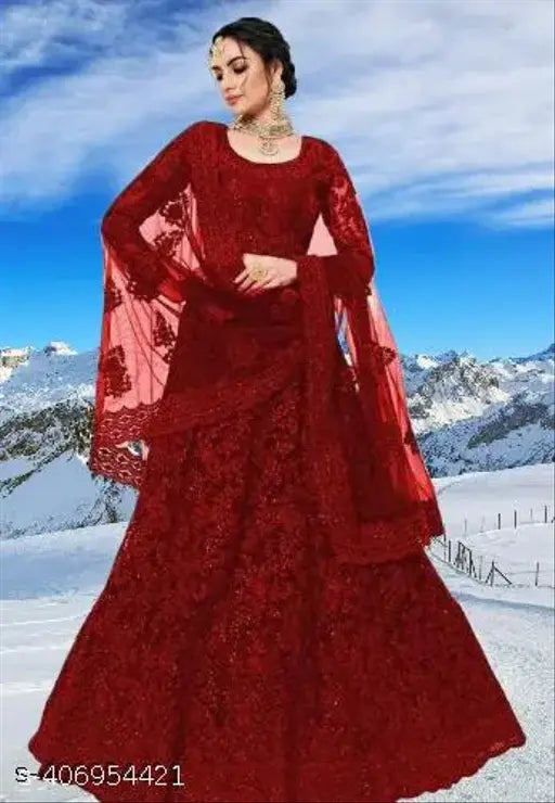 Embroidered striped semi-stitched Lehenga Choli set, silk net fabric with stone work, Indian bridal wear on display