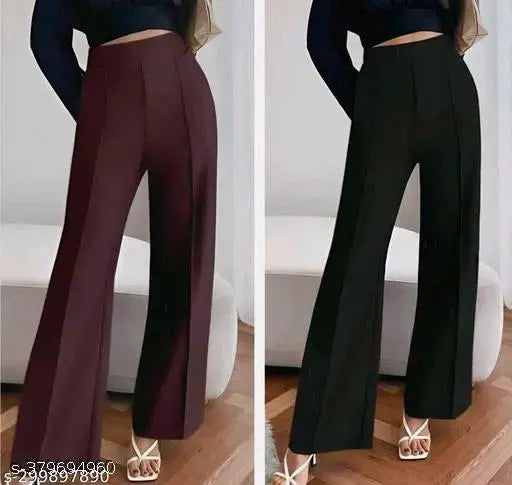 Solid color cotton blend high rise trousers combo set of 2 - Women's comfortable, stylish & machine washable Indian import