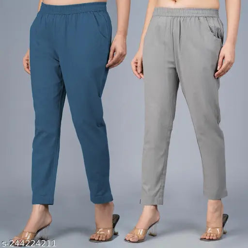 Teal blue and grey cotton trousers combo for women, solid pattern, Indian origin