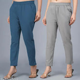 Teal blue and grey cotton trousers combo for women, solid pattern, India origin