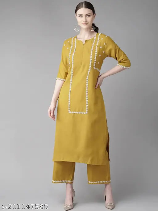 Heavy rayon lace border kurta pent set, solid color women's outfit with palazzos, India origin