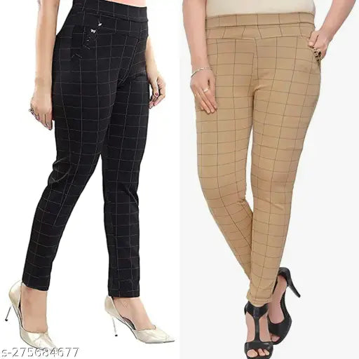 Stretchy black and brown checkered jeggings set for women's/girls, double pocketed, India-made