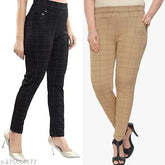 Stretchy black and brown checkered jeggings set for women's/girls, double pocketed, India-made