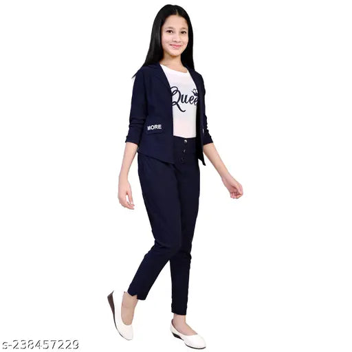 Girls' Cotton Blend Printed Top & Solid Bottom Sets, age 4-15 years, navy blue and various prints, India origin