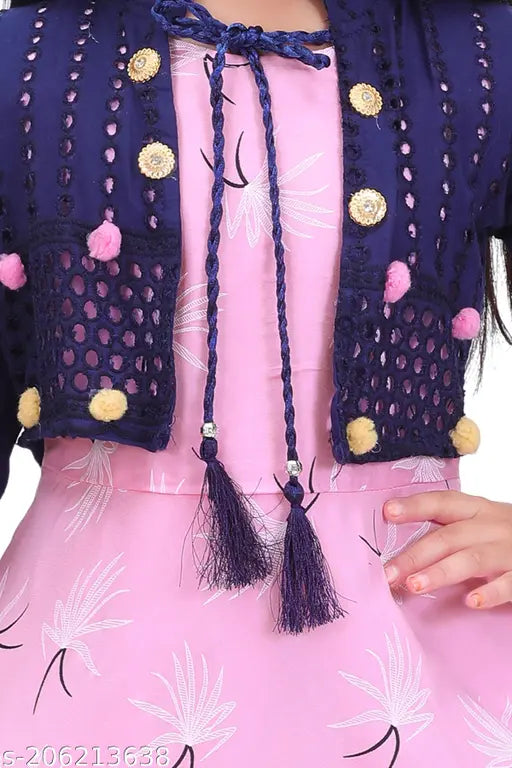 Rayon printed dress, three-quarter sleeves, UNIKEFASHION kids' jeket for parties and special occasions like Diwali, Navratri, Christmas, Lohri, Onam, Eid, and birthday events. Suitable for all seasons in sizes 2-3 years, 3-4 years, 4-5 years, 5-6 years, 6-7 years, and 7-8 years. Made in India