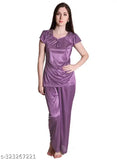 Purple satin women's night suit top and pajama set, comfortable fashion for bedroom or special nights, made by Nightdoll brand in India