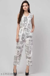White crepe jumpsuit with newspaper print, sleeveless, anti-wrinkle, eco-friendly fabric. Indian fashion on display