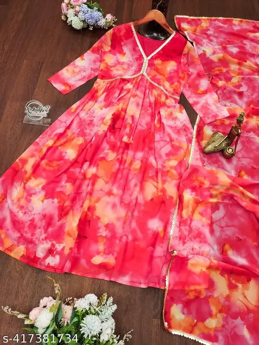 Georgette Leheriya printed long gown set, new Bollywood-style dress for parties or weddings, Indian women's ethnic western wear