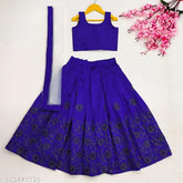 Embroidered taffeta silk lehenga choli for girls, ages 2-6 years, solid color with stitched net dupatta, India origin