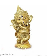 Golden polyresin Lord Ganesha idol playing bansuri, Indian home decor figurine (3x6x3 inches)