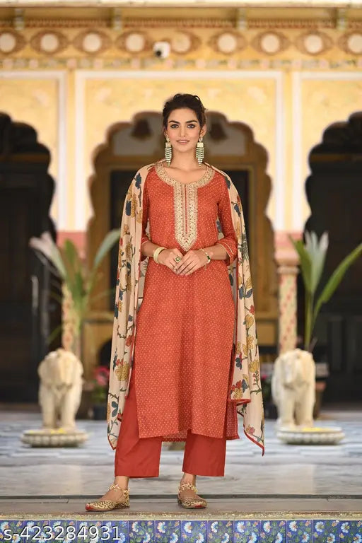 Red printed cotton blend straight kurta with palazzo and dupatta, solid net Indian women's fashion for multiple sizes (S-XXL)