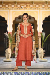 Red printed cotton blend straight kurta with palazzo and dupatta, solid net Indian women's fashion for multiple sizes (S-XXL)