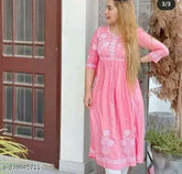 Pink embroidered Rayon Anarkali Kurta with three-quarter sleeves, high quality check passed. Boat neck design, made in Jaipur, India. Sizes: S (36in), M (38in), XXL (44in), XXXL (46in)