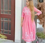 Pink embroidered Rayon Anarkali Kurta with three-quarter sleeves, high quality check passed. Boat neck design, made in Jaipur, India. Sizes: S (36in), M (38in), XXL (44in), XXXL (46in)