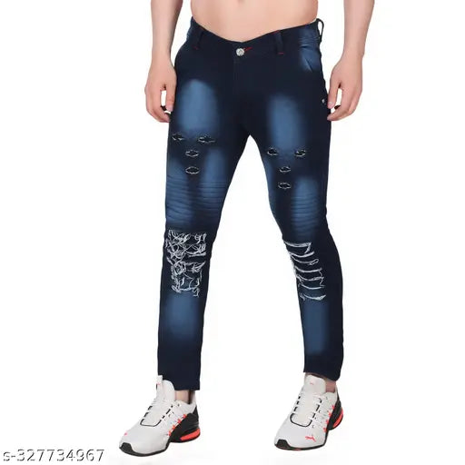Men's blue slim fit heavy distressed denim jeans, trendy street-look style by RABEZO DENIM. Versatile and comfortable, perfect for casual, evening, or party wear
