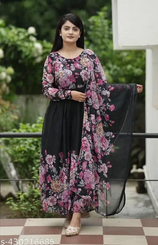 Black floral Georgette gown & Duppata set for women, digitally printed in multiple sizes (S-5XL)