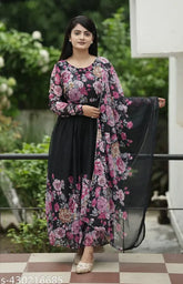 Black floral Georgette gown & Duppata set for women, digitally printed in multiple sizes (S-5XL)